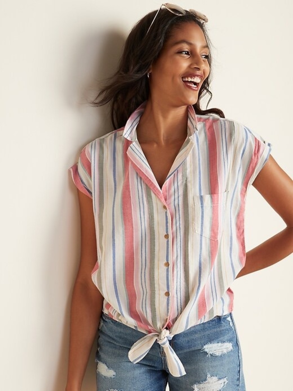 Old Navy Beachy Casual Tie-Front Pink Striped Button-Up Top